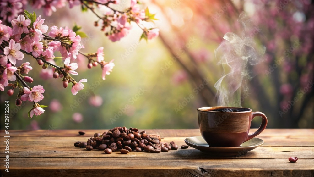 Serene Spring Morning A Warm Cup of Coffee Outdoors with Blooming Branches and Roasted Beans