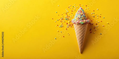 Obraz na płótnie Sweet treat A colorful ice cream cone brimming with sprinkles on a vibrant yellow background w salonie
