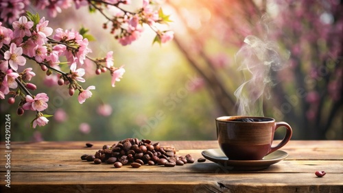 Obraz na płótnie Serene Spring Morning A Warm Cup of Coffee Outdoors with Blooming Branches and Roasted Beans w salonie