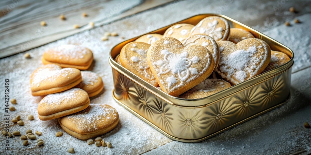 A golden container filled with heart-shaped cookies, dusted with powdered sugar, sits on a wooden surface, accompanied by more cookies.