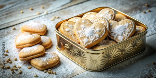 A golden container filled with heart-shaped cookies, dusted with powdered sugar, sits on a wooden surface, accompanied by more cookies.