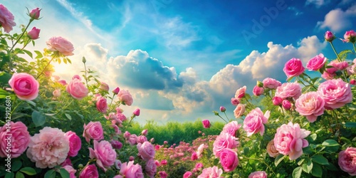 A breathtaking view of a blooming rose garden bathed in sunlight against a vibrant blue sky with fluffy clouds