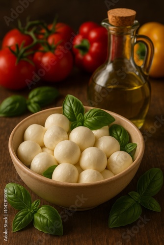 Fresh Mozzarella Balls With Tomatoes and Olive Oil on a Wooden Table