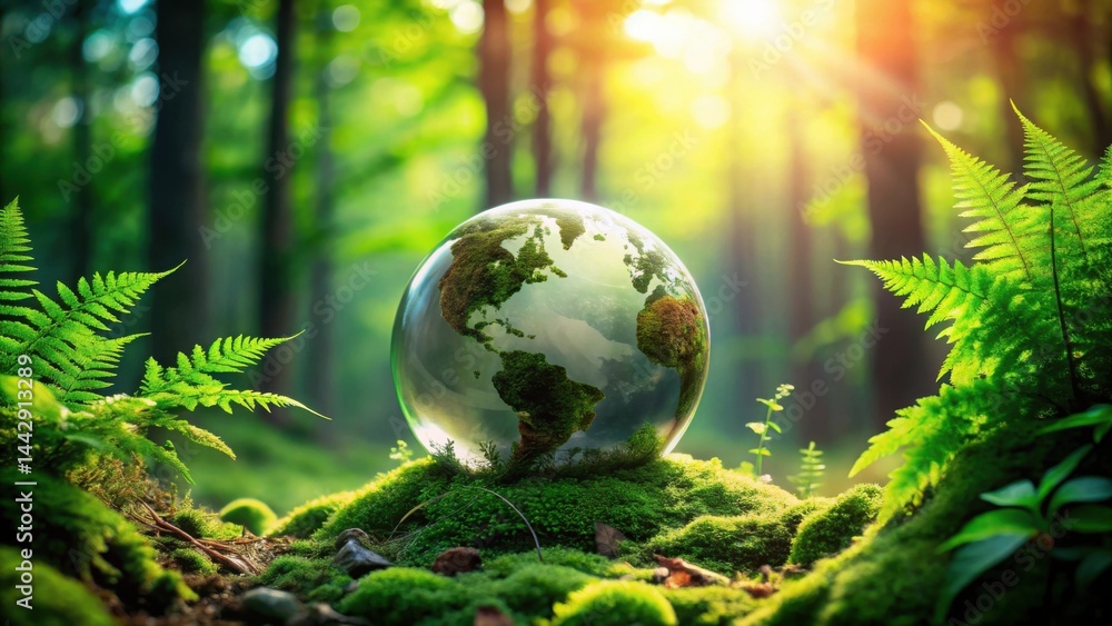 A Glass Globe Depicting Earth Resting on a Lush Bed of Moss in a Sunlit Forest