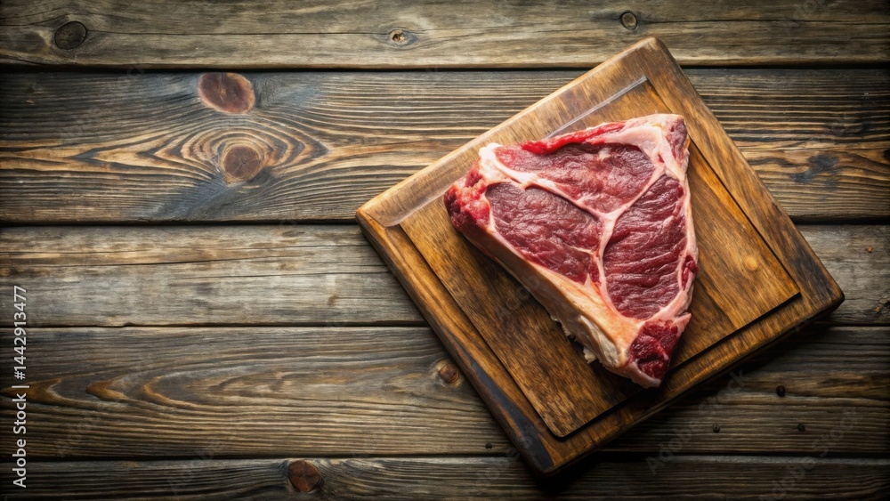 A succulent raw steak rests on a rustic wooden cutting board, ready for preparation.
