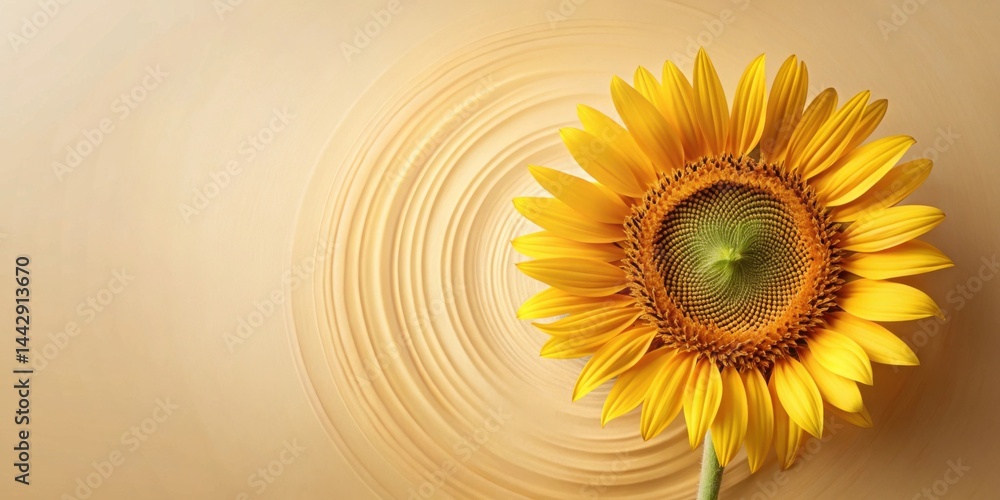 A single vibrant sunflower blossom rests gracefully against a soft, swirling beige backdrop, evoking feelings of warmth and serenity.