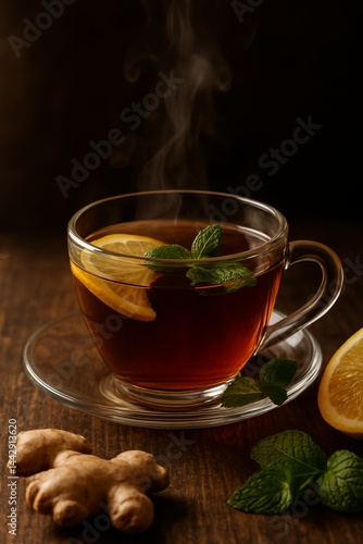 Discovering Warmth in a Cup of Ginger Tea With Lemon and Mint on a Cozy Eveni...