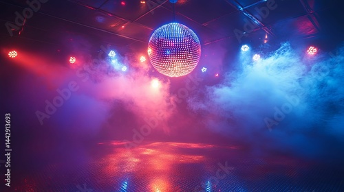 Vibrant disco ball illuminated by colorful stage lights.