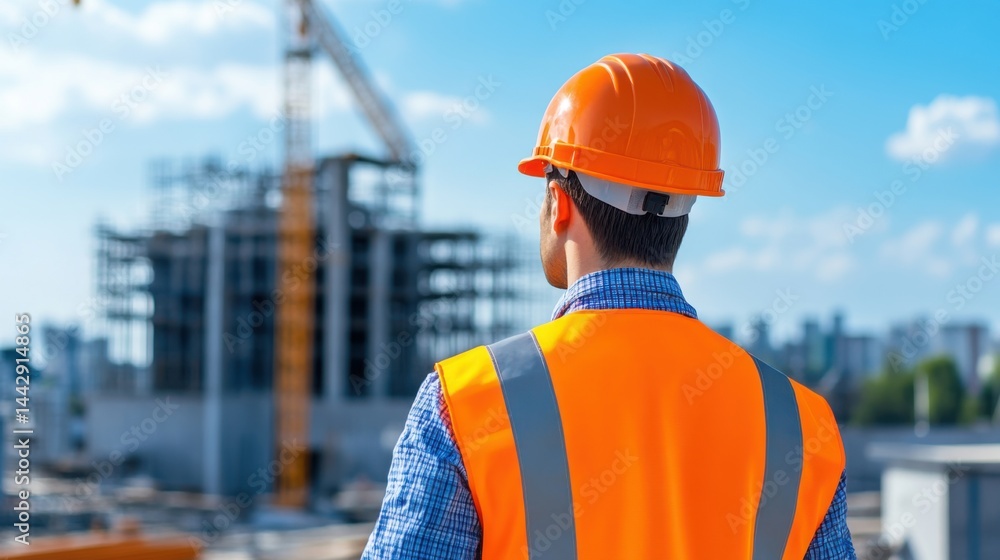 Construction Worker in Safety Gear Observing Ongoing Building Project Construction Worker in Safety Gear Observing Ongoing Building Project
