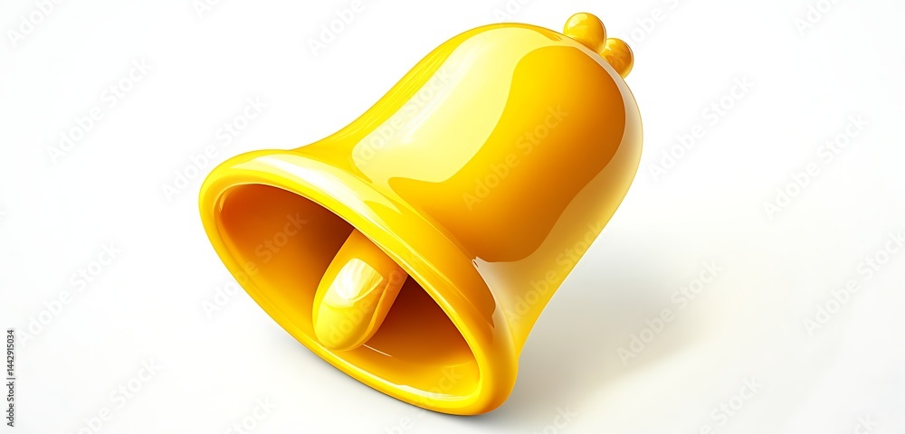 A bright yellow bell icon with soft highlights and shadows, set on a seamless white surface A bright yellow bell icon with soft highlights and shadows, set on a seamless white surface