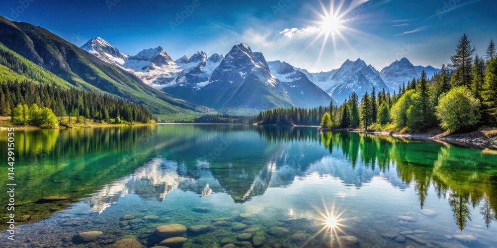 Serene mountain lake reflecting a brilliant sun, surrounded by lush evergreen forest and snow-capped peaks