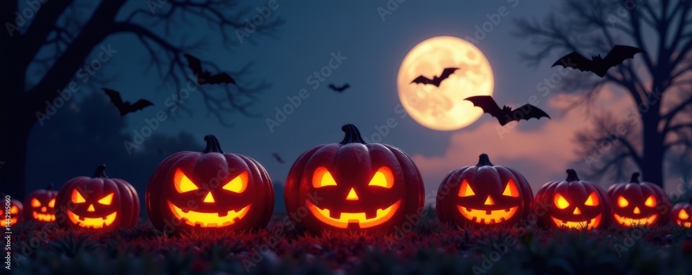 Flying bats silhouetted against glowing jack-o-lanterns , night, jack-o-lantern, spooky Flying bats silhouetted against glowing jack-o-lanterns , night, jack-o-lantern, spooky