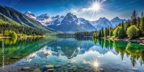 Obraz na płótnie Serene mountain lake reflecting a brilliant sun, surrounded by lush evergreen forest and snow-capped peaks w salonie