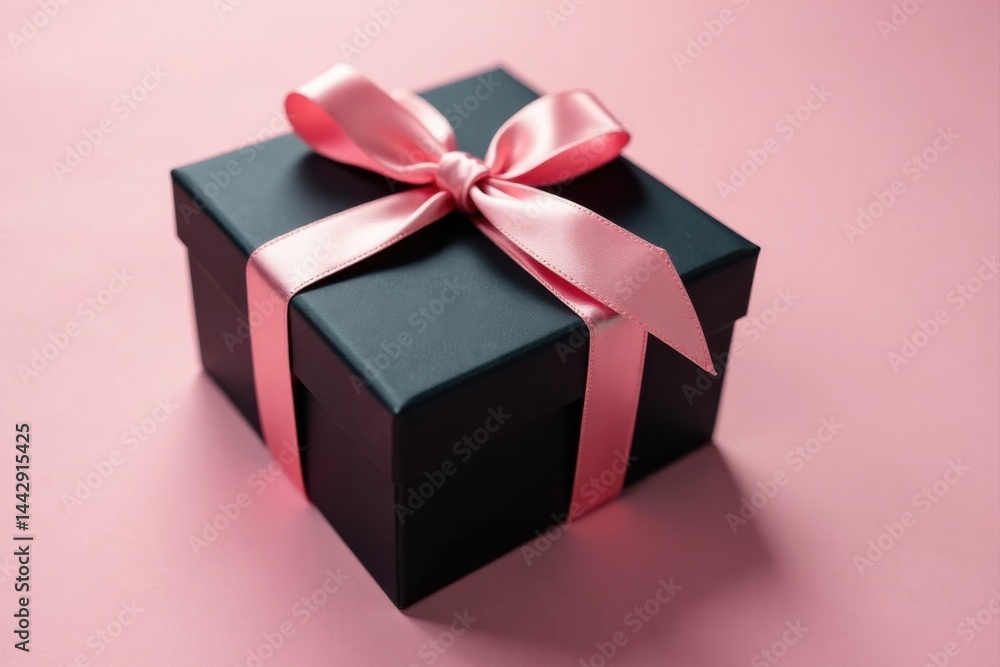 Obraz premium A luxuriously wrapped dark gift box with a delicate pink ribbon, elegantly presented on a soft pink background