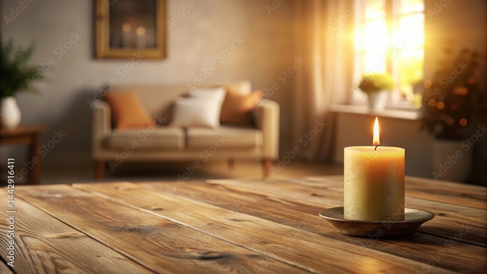 Warm candlelight illuminates a rustic wooden table in a cozy living room
