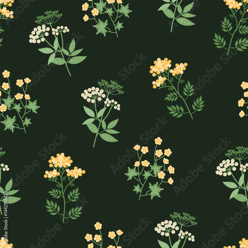 Botanical colorful flower pattern on black background. Hand-drawn vector illustration in flat style.