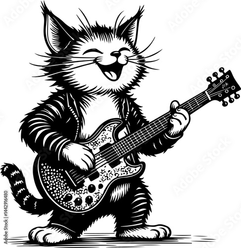 Rock Star Cat Playing Electric Guitar - Musician Feline Art music guiter vector graphics