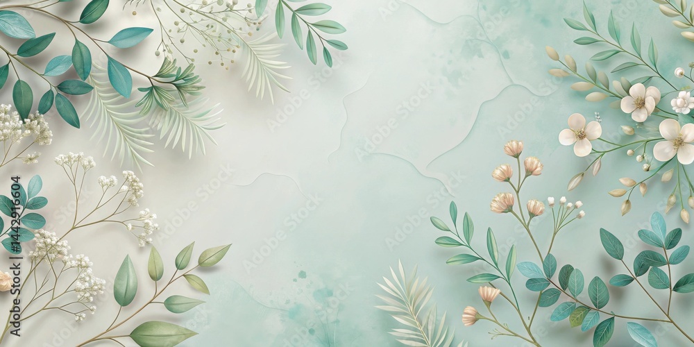 Serene Botanical Composition Elegant Green Leaves and Delicate White Flowers on a Soft Aqua Background