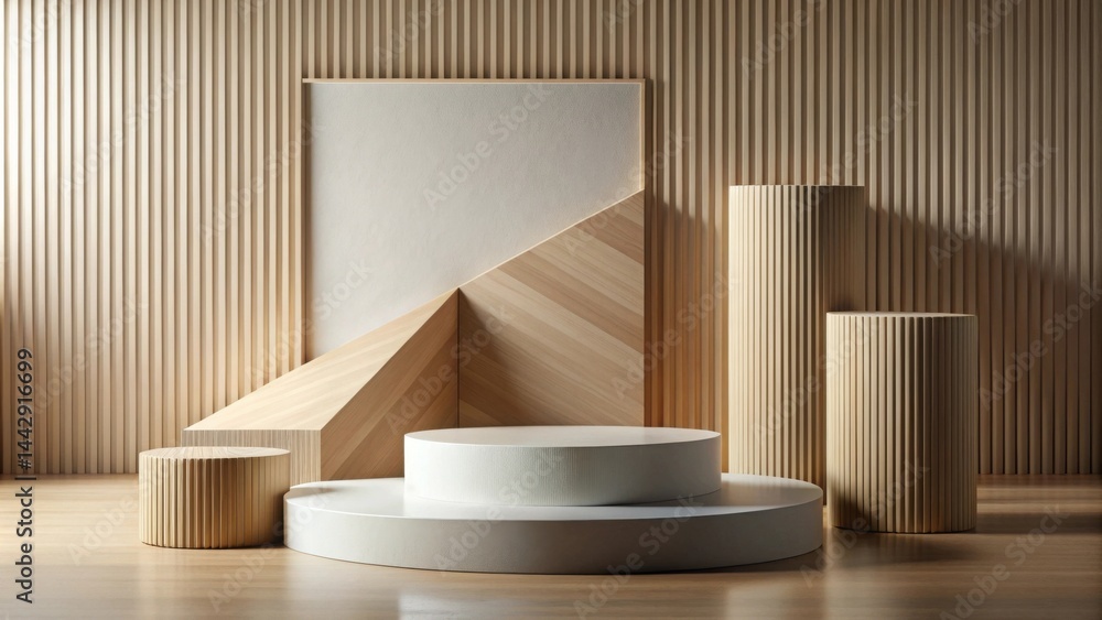 Modern Minimalist Product Display with Wooden Accents and Neutral Tones