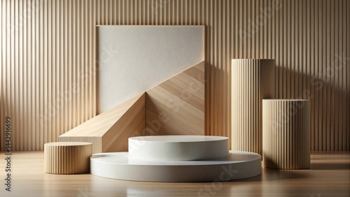 Obraz na płótnie Modern Minimalist Product Display with Wooden Accents and Neutral Tones w salonie