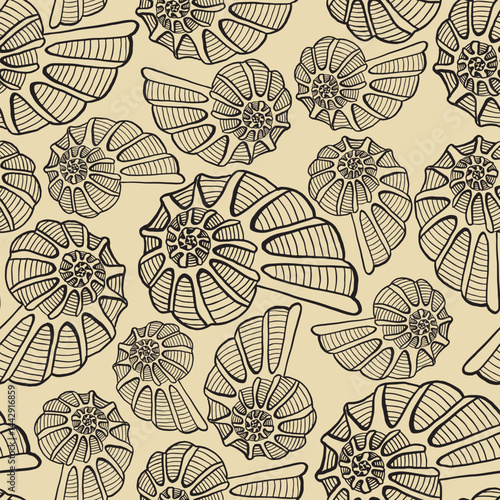 Seamless vector pattern of hand-drawn seashells. Marine design. Ocean pattern for textile, wallpaper and interior design. Summer print for background, textile, fabric