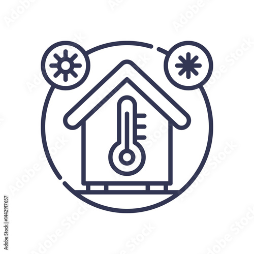 Icon of a house with a thermometer, sun, and snowflake, symbolizing energy efficiency in temperature control.