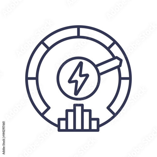 Energy performance icon with a gauge, lightning bolt, and bar chart symbolizing efficiency.