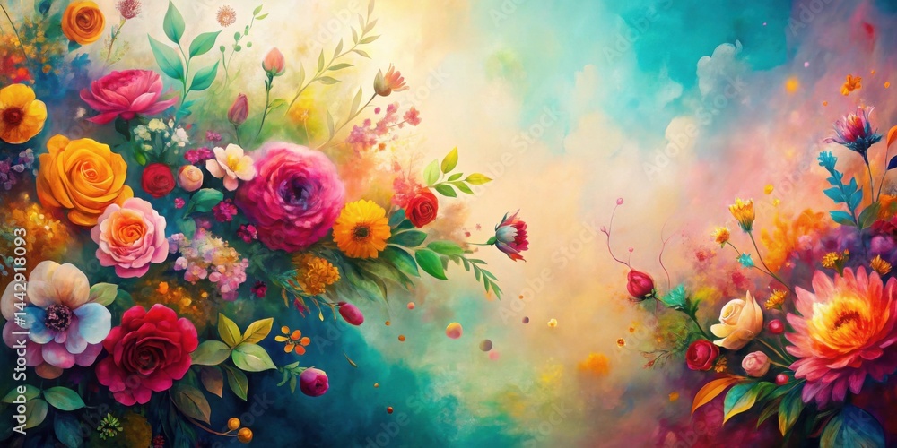 Vibrant Floral Composition A Whimsical Arrangement of Blossoms and Foliage Against a Dreamy, Colorful Background