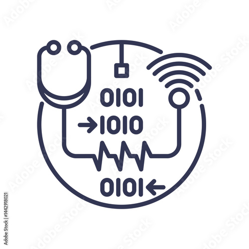 Stethoscope, binary code, and wireless signal symbolize digital healthcare innovation.