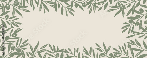 Background with olive branches and leaves. Mediterranean green frame with textured foliage. Flat vector illustration