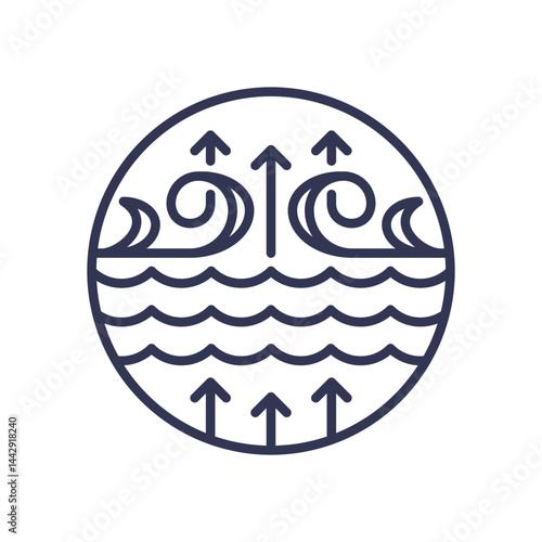 Circular icon with waves and arrows symbolizing hydropower energy flow.
