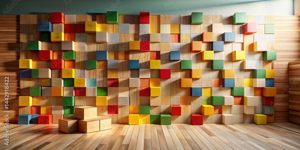 Colorful Cube Wall Art Installation in a Modern Room with Wooden Floor and a Wooden Step Display