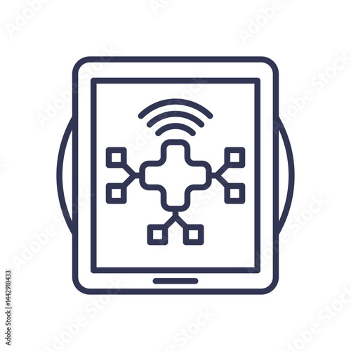Tablet with medical network symbol, representing MobileHealth connectivity.