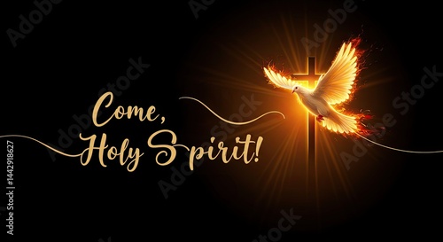 White dove bathed in light with golden fiery wings, stylized cross, and 