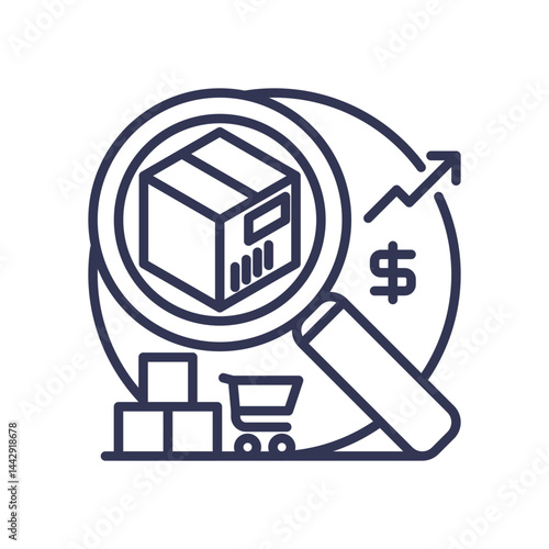 Magnifying glass over a box, cart, and dollar sign symbolizes product research and market analysis.