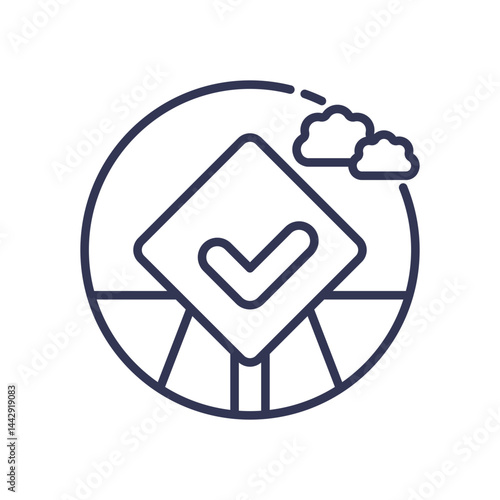 A checkmark on a sign symbolizes selection and confirmation, with clouds in the background.