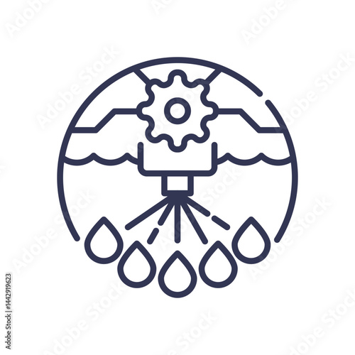 Icon of automated irrigation with gear and water droplets.