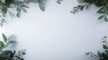 Green leaves border with eucalyptus and fern branches on white background, creating fresh and natural frame with space in center for text or design