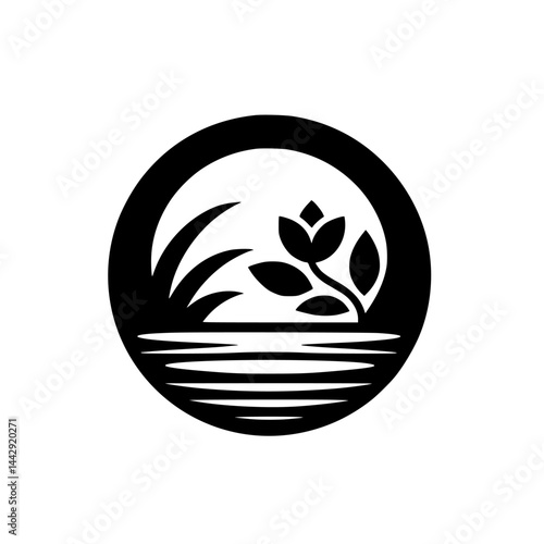Minimalist Black and White Nature Icon with Flower and Reeds in Circle Graphic