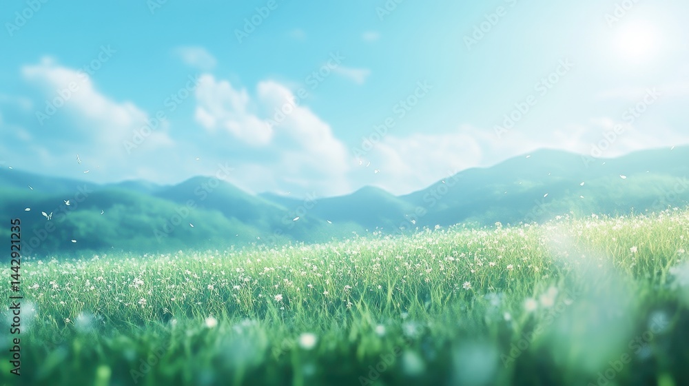 Fototapeta premium Lush green meadow under clear blue sky with mountains in the distance