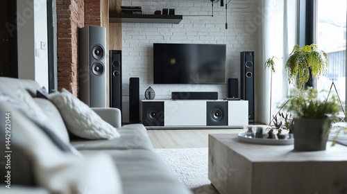 Elegant living room featuring modern audio system and stylish decor elements