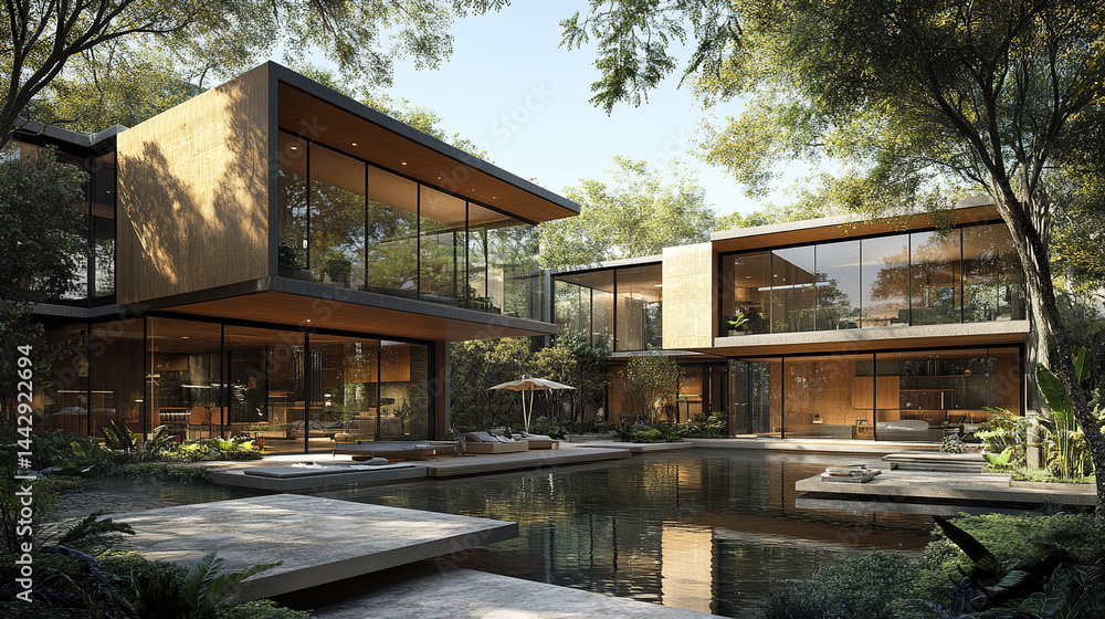Fototapeta premium Modern sustainable architecture with large glass windows and lush greenery
