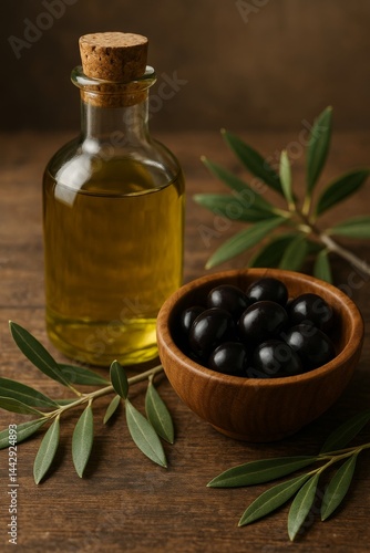 Glass Bottle of Olive Oil Next to Bowl of Black Olives and Green Leaves on Wo...