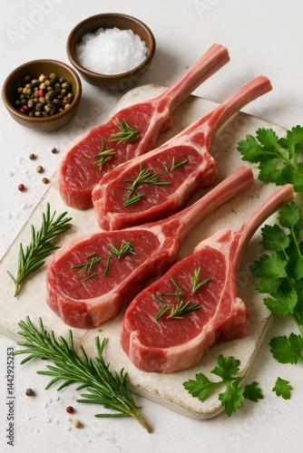 Fresh Meat Cuts Arranged With Herbs and Spices on a White Surface Ready for C...
