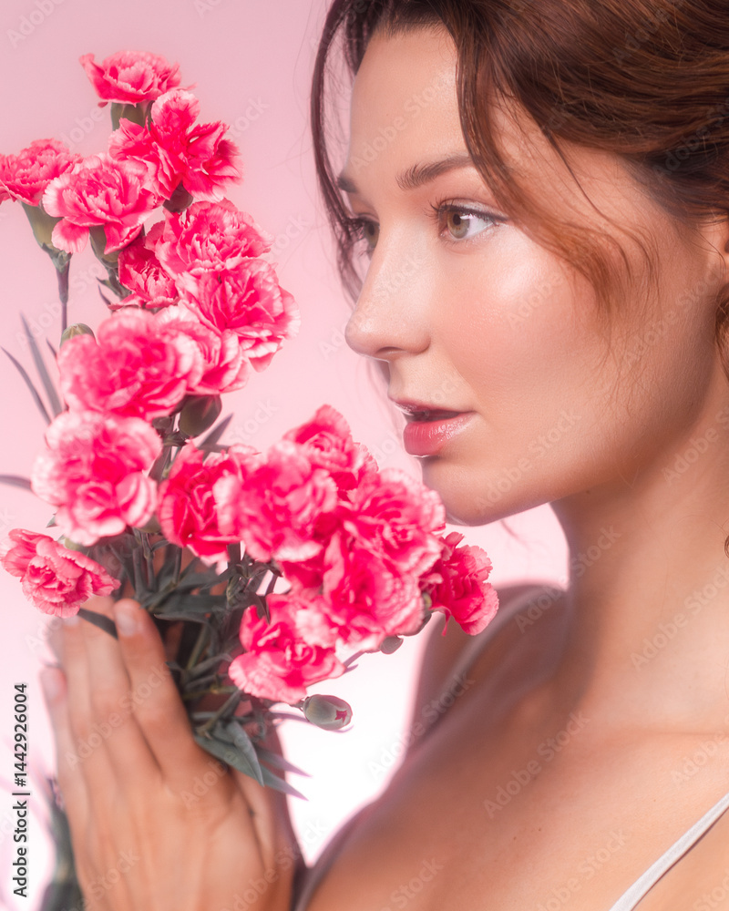 Side profile of a young Caucasian woman holding pink carnations against a pastel background. A feminine and romantic visual ideal for skincare, perfume, or floral product promotions.