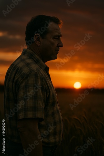 Man Stands in a Field at Sunset Contemplating Life While the Sun Sets in the ...