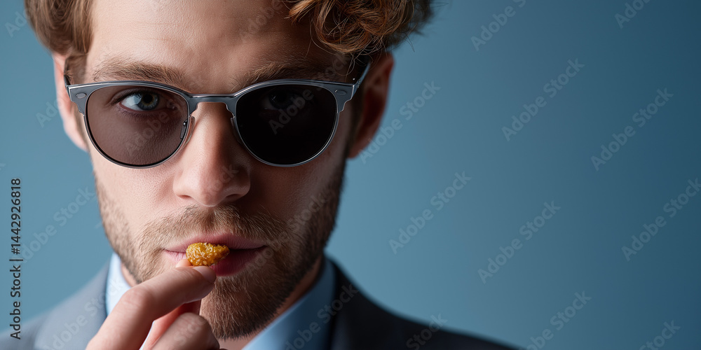 Junger Mann mit Sonnenbrille im Anzug schaut ernst in die Kamera vor blauem Hintergrund