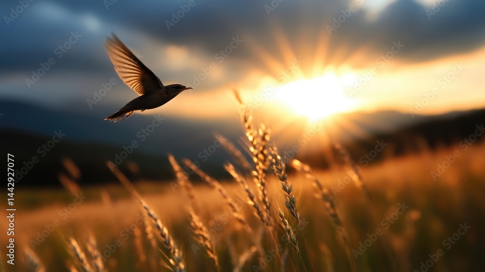 Fototapeta premium A small bird flies gracefully over a golden wheat field during a dramatic sunset with sunbeams breaking through the clouds.