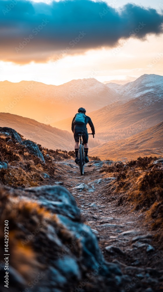 Fototapeta premium A biker rides through stunning mountain trails at sunset. The vibrant hues of the sky contrast with the rugged terrain. Adventure awaits in every turn. Generative AI.