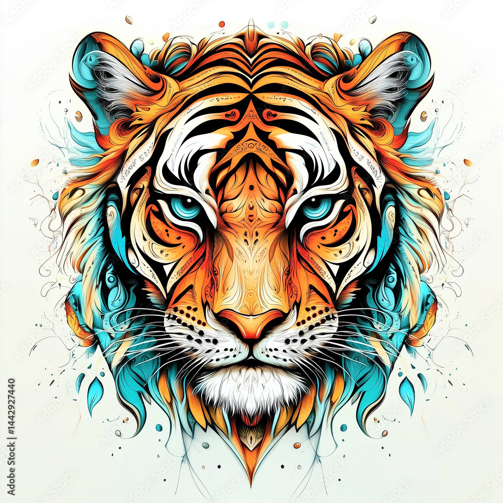Colorful artistic tiger illustration filled with abstract patterns and vibrant details Colorful artistic tiger illustration filled with abstract patterns and vibrant details